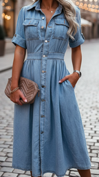 Isabelle | Belted Denim Shirt Dress - Lumina