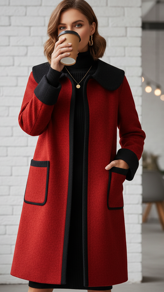 Elena | Longline Coat with Contrast Trim - Lumina