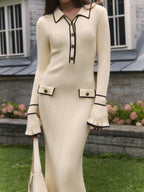 Luna | Contrast Trim Midi Dress Buttons - Lumina