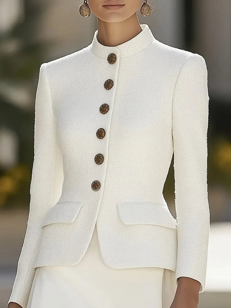Elena | Textured Blazer with Stand Collar and Gold Buttons – Lumina