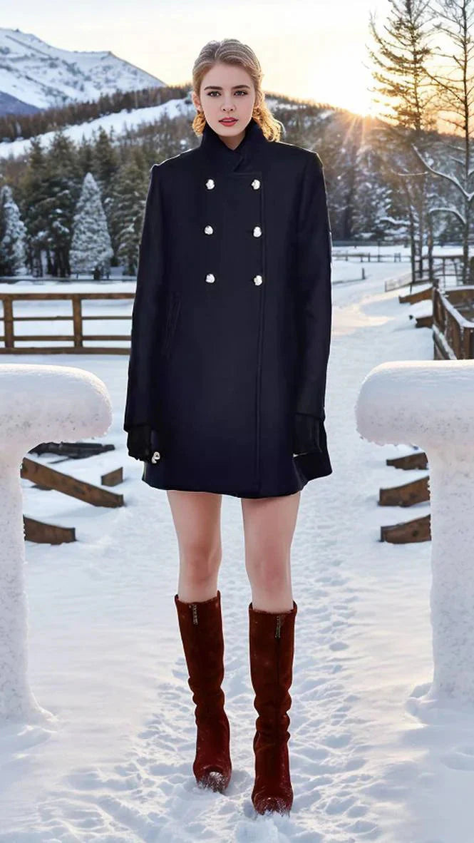 Elena | Collar Maxi Navy Structured Coat - Lumina