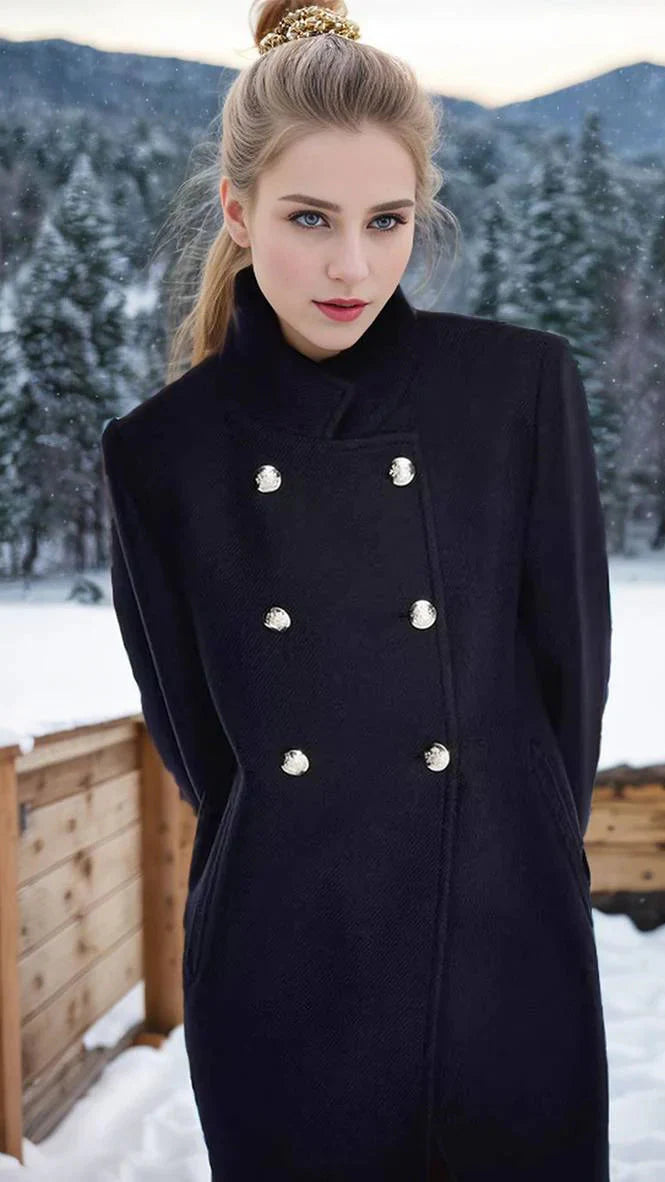 Elena | Collar Maxi Navy Structured Coat - Lumina