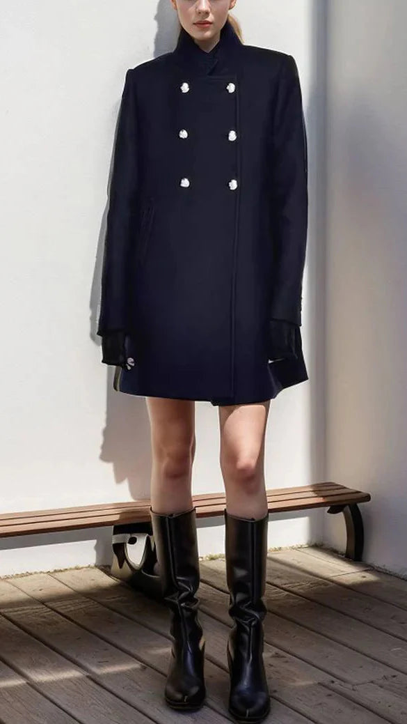 Elena | Collar Maxi Navy Structured Coat - Lumina