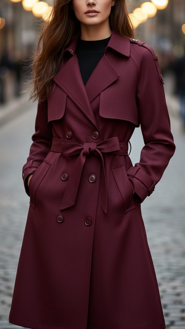 Elena Rouge | Double-Breasted Belted Trench Coat – Lumina