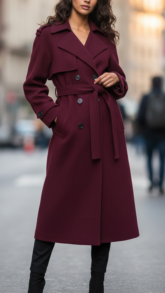 Elena | Structured Burgundy Trench Coat with Feminine Fit - Lumina