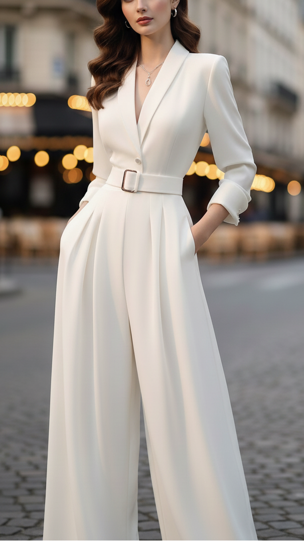 Alessandra | Ivory Belted Power Jumpsuit - Lumina