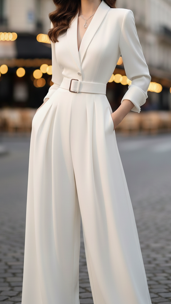 Alessandra | Ivory Belted Power Jumpsuit - Lumina
