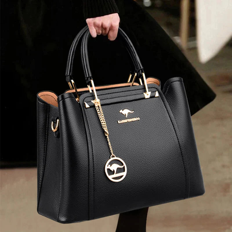Isabella | Elegant Black Leather Handbag with Gold Accents - Lumina