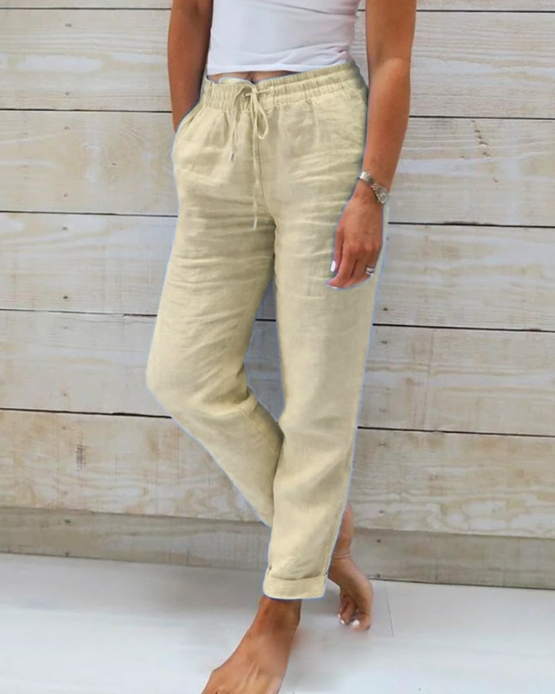 Isabella | Elegant Lightweight Beige Linen Trousers - Lumina
