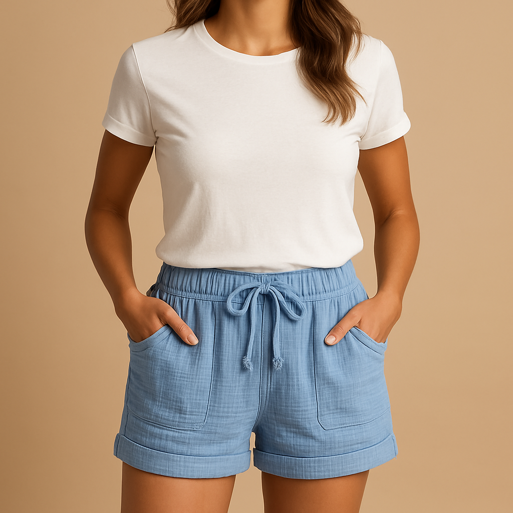 Isabella | Lightweight Cute Blue Summer Shorts with Elastic Waistband - Lumina