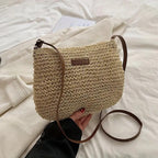Léandre | Chic Beige Straw Shoulder Bag with Vegan Leather Accents - Lumina