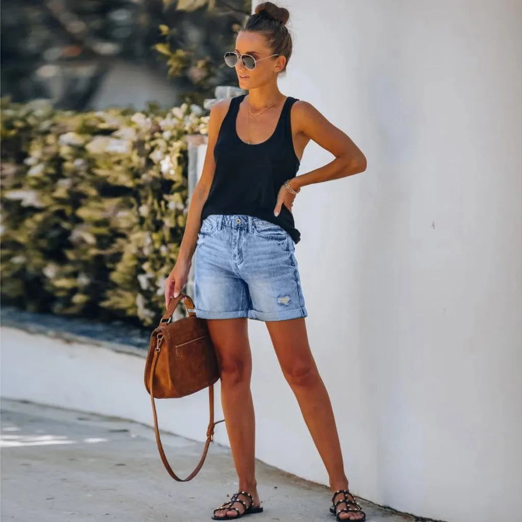 Mila | Trendy High-Waisted Denim Shorts with Rolled Hem - Lumina