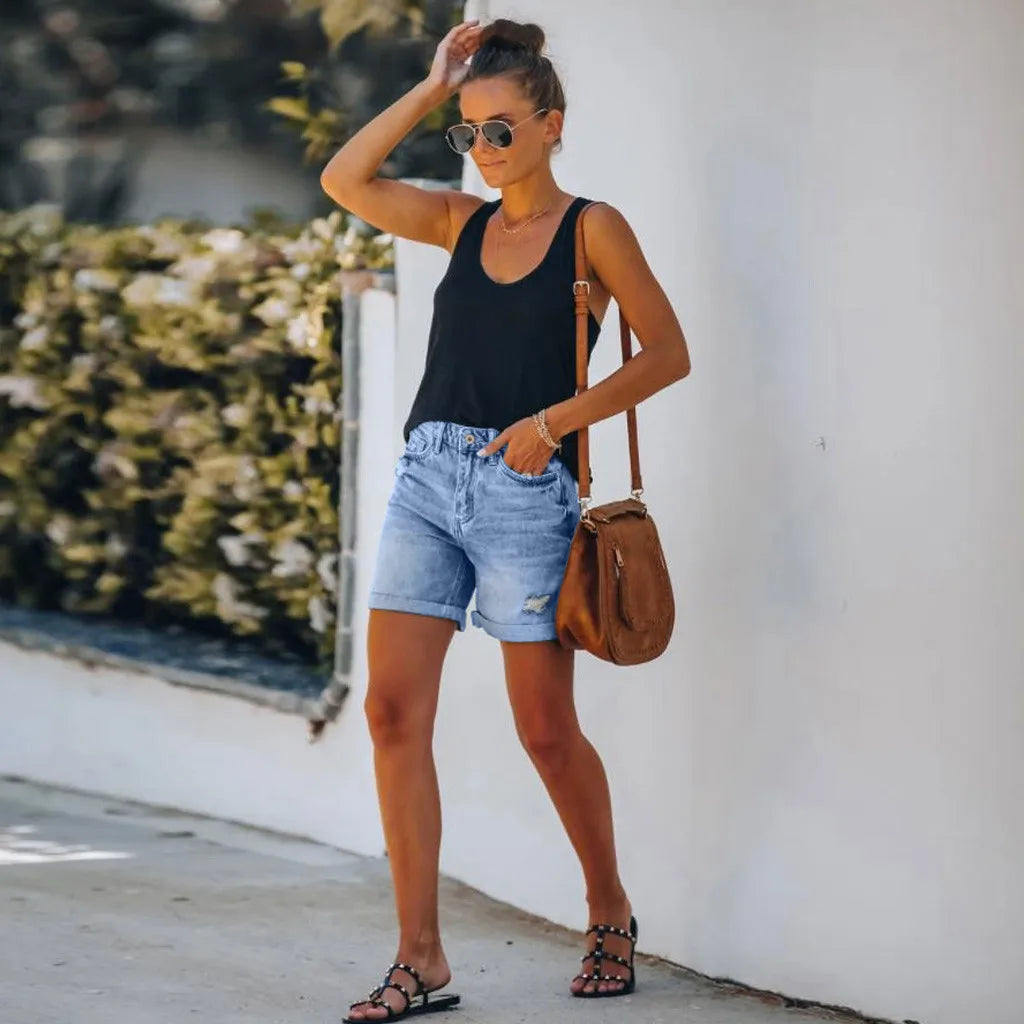 Mila | Trendy High-Waisted Denim Shorts with Rolled Hem - Lumina