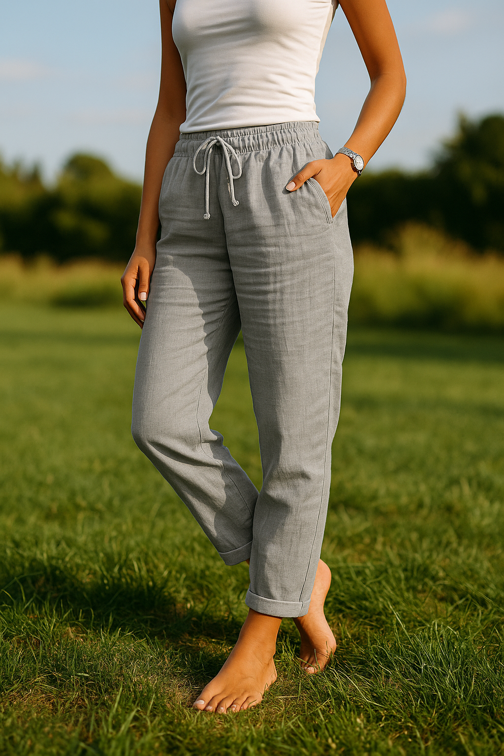 Monica | Comfortable Beige Trousers with Elastic Waistband - Lumina