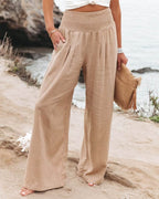 Serena | Breathable White Wide Leg Trousers with Elastic Waist - Lumina