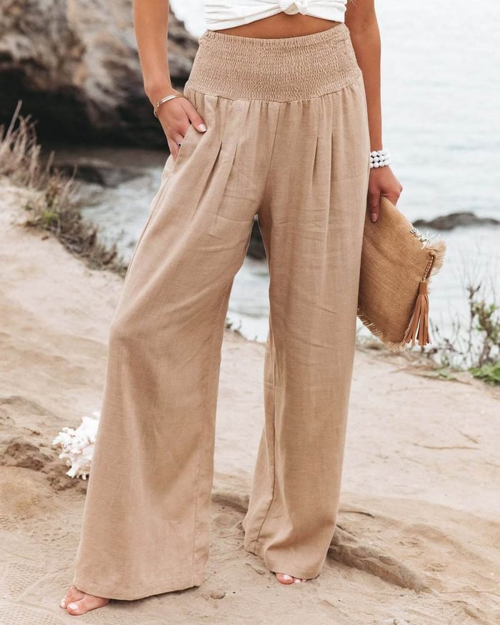 Serena | Breathable White Wide Leg Trousers with Elastic Waist - Lumina