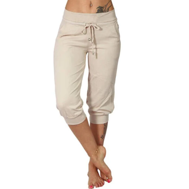 Serena | Trendy Grey Capri Trousers with Elastic Waistband - Lumina