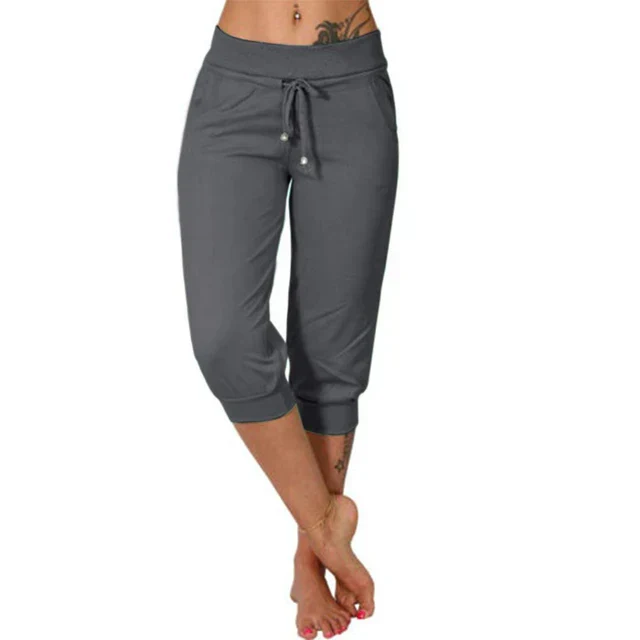 Serena | Trendy Grey Capri Trousers with Elastic Waistband - Lumina
