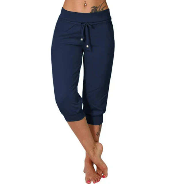 Serena | Trendy Grey Capri Trousers with Elastic Waistband - Lumina