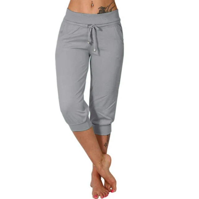Serena | Trendy Grey Capri Trousers with Elastic Waistband - Lumina