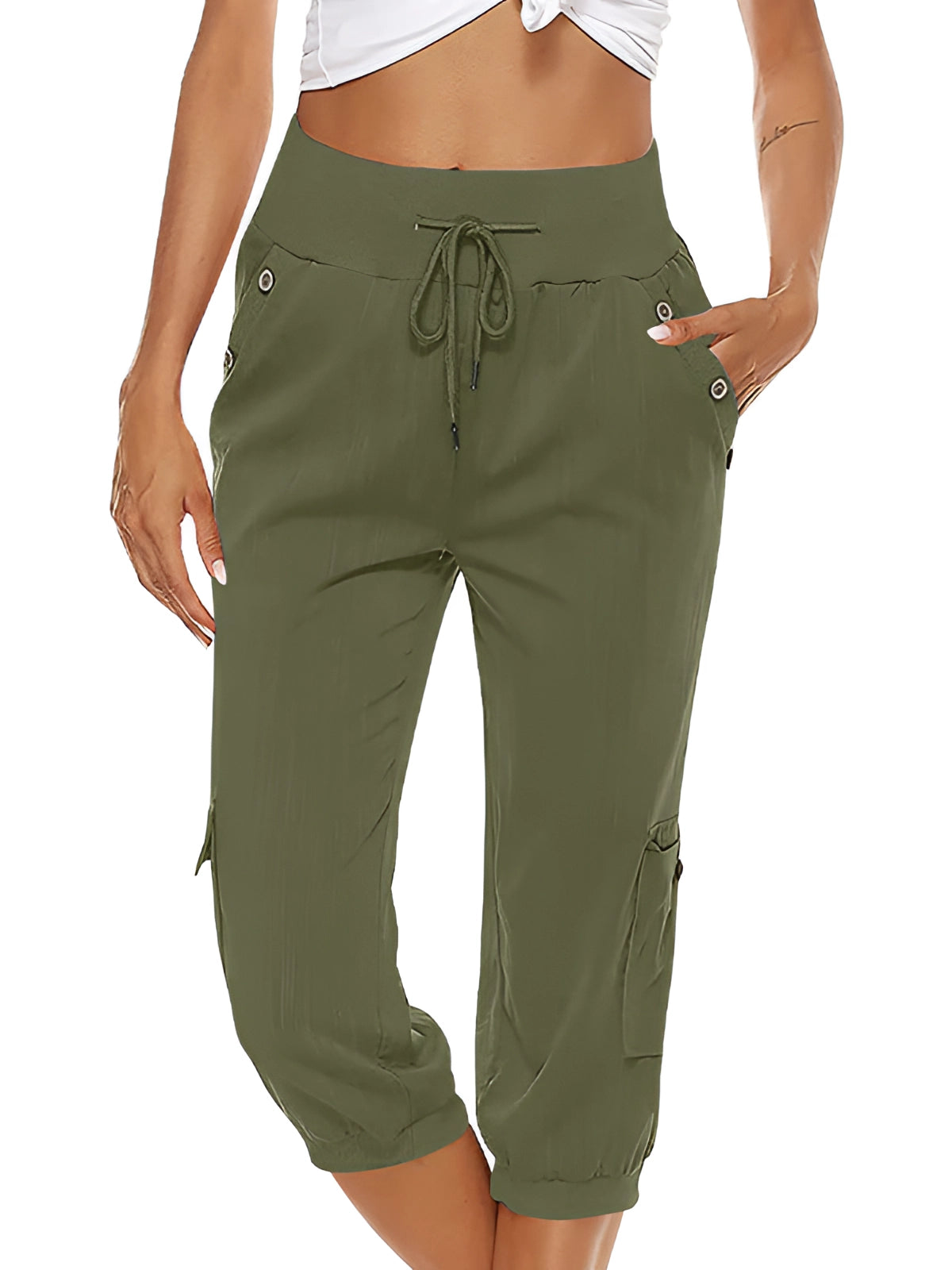 Victoria | Breathable Green Capri Trousers with Elastic Waist - Lumina