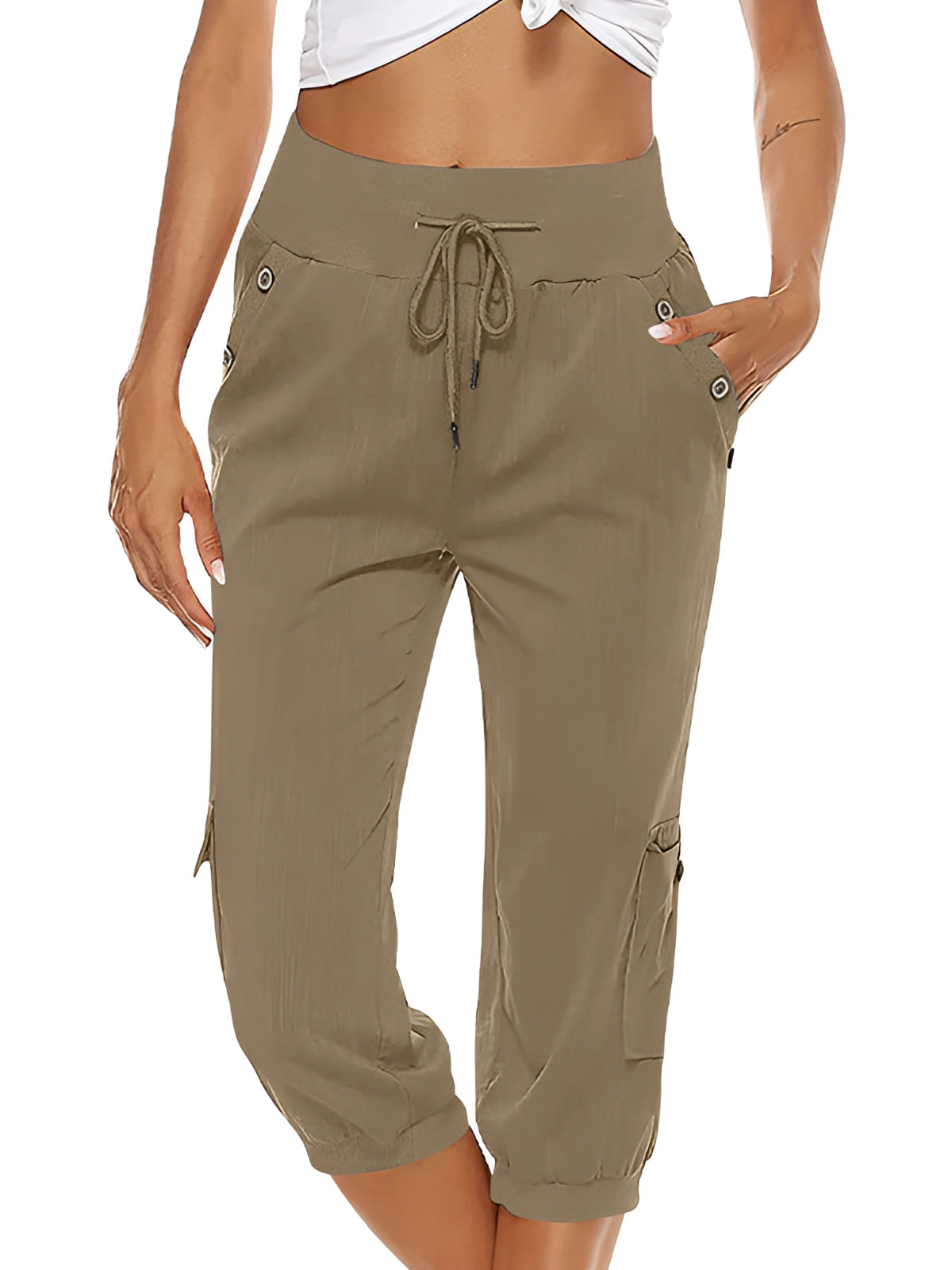 Victoria | Breathable Green Capri Trousers with Elastic Waist - Lumina