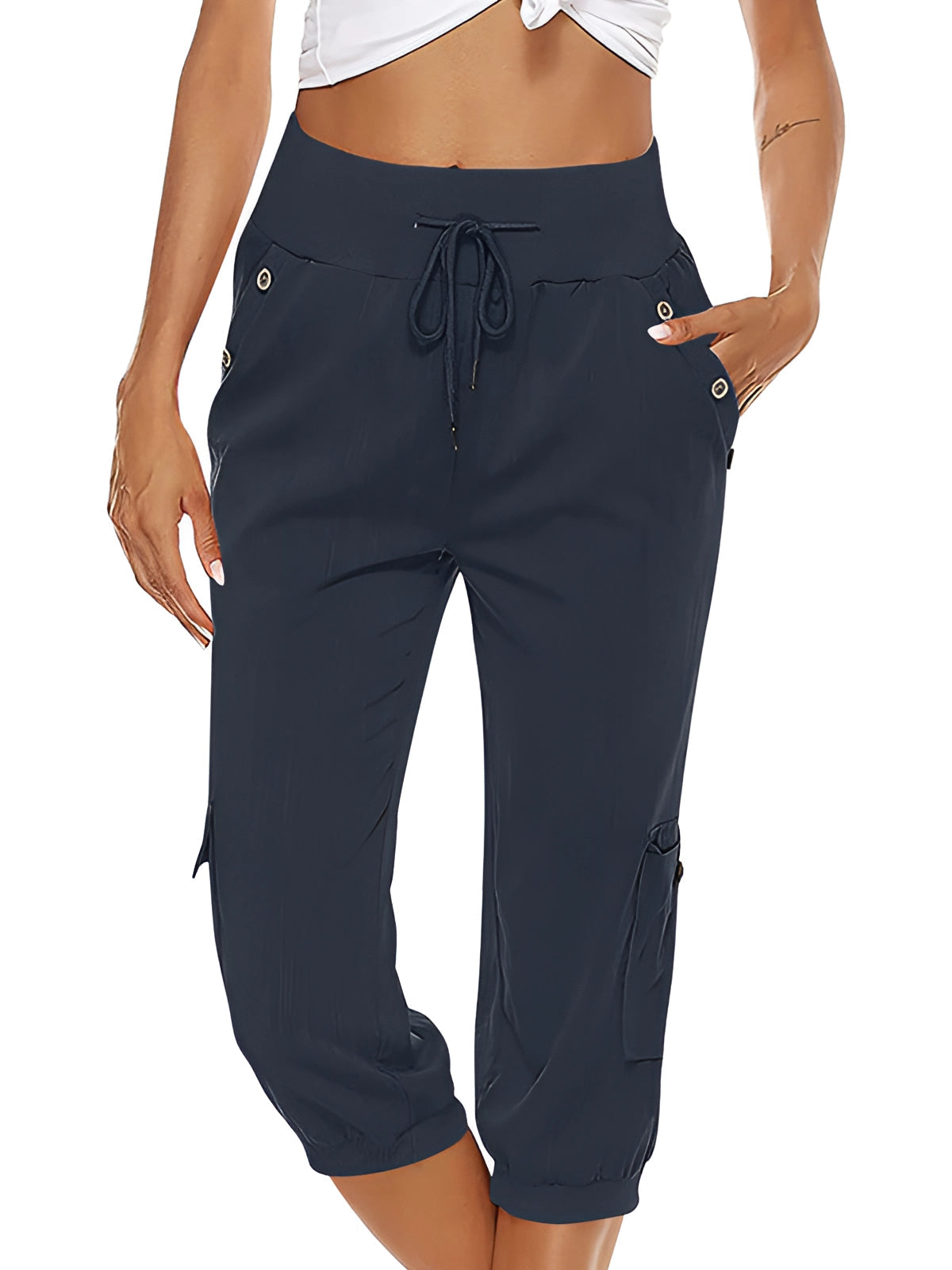 Victoria | Breathable Green Capri Trousers with Elastic Waist - Lumina