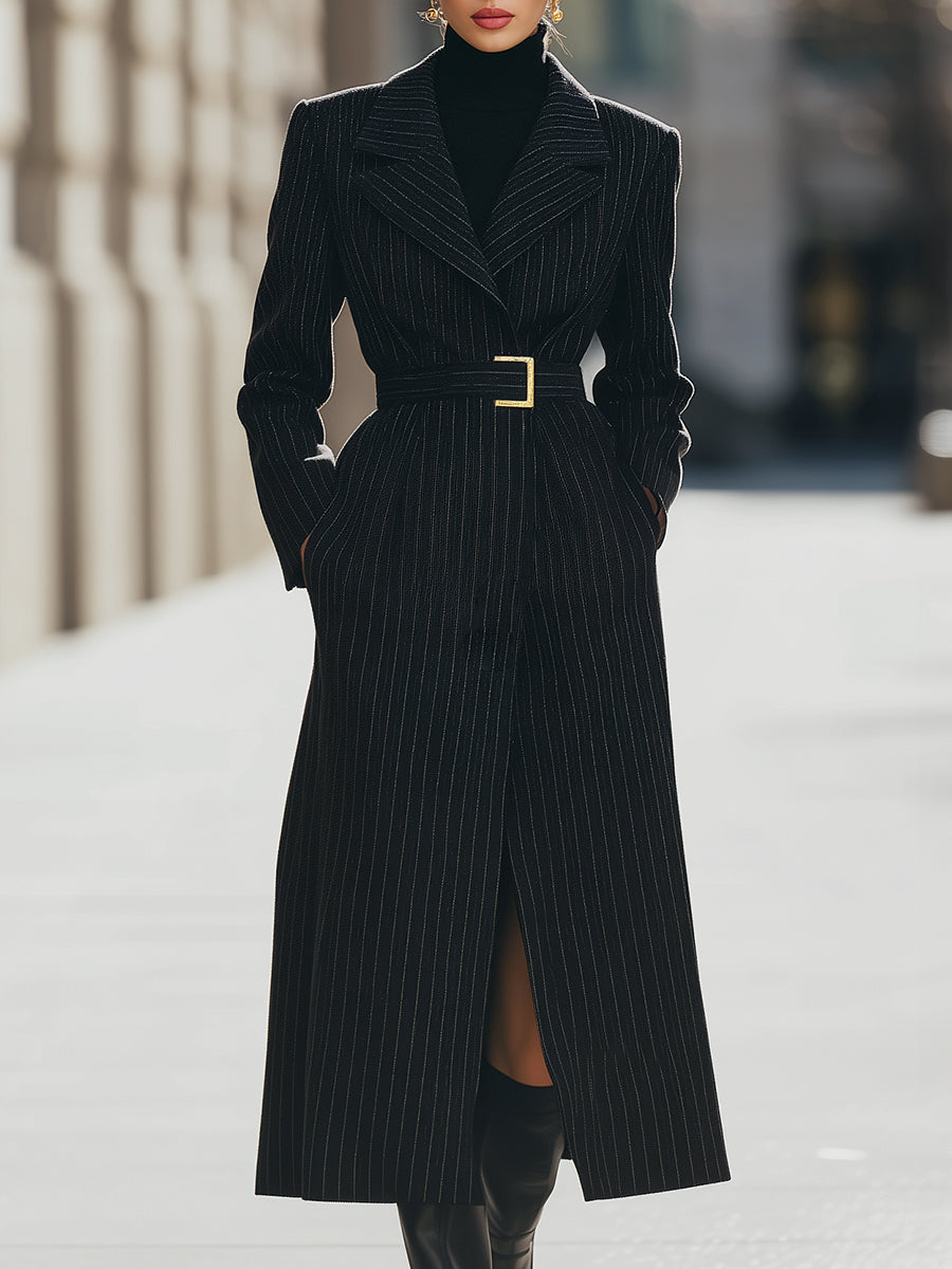 Aurora | Structured Pinstripe Belted Long Coat - Lumina