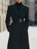 Aurora | Structured Pinstripe Belted Long Coat - Lumina