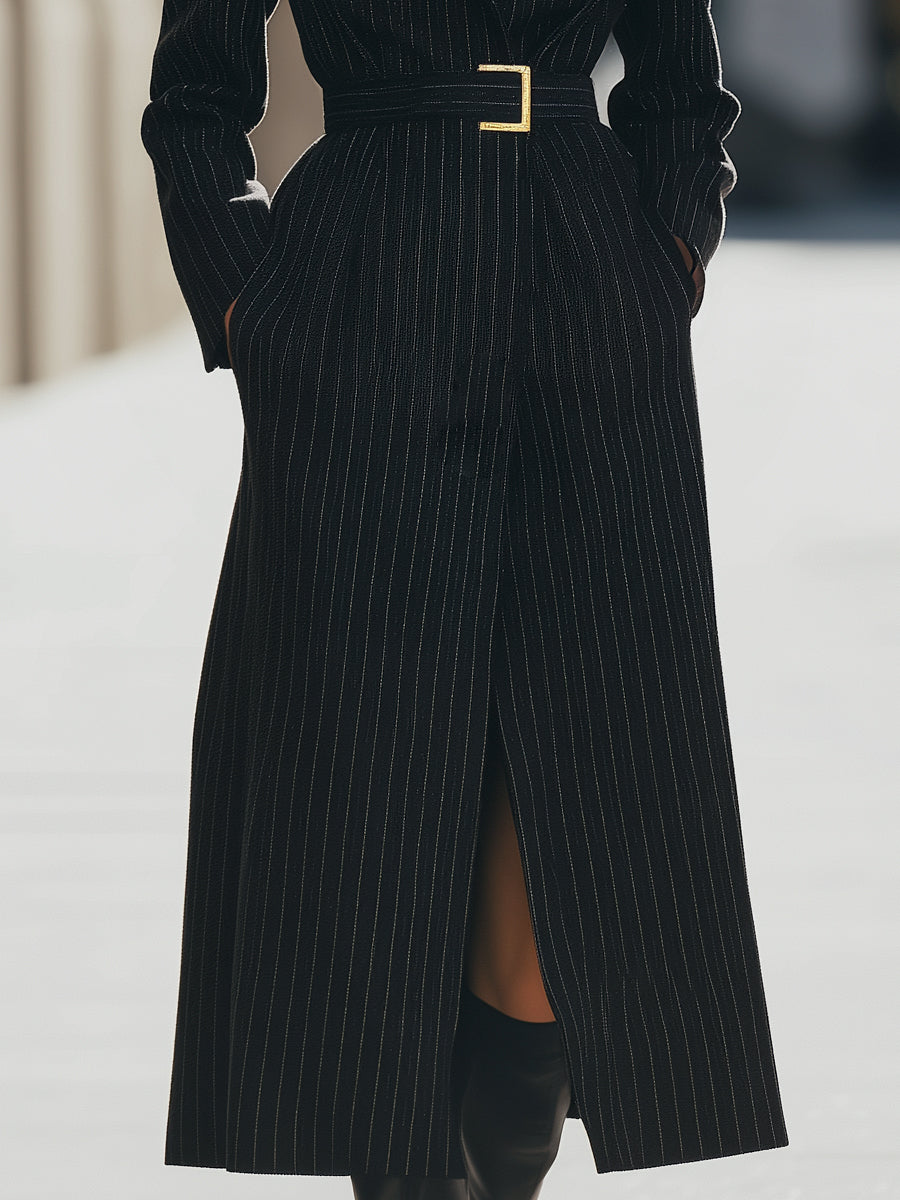 Aurora | Structured Pinstripe Belted Long Coat - Lumina