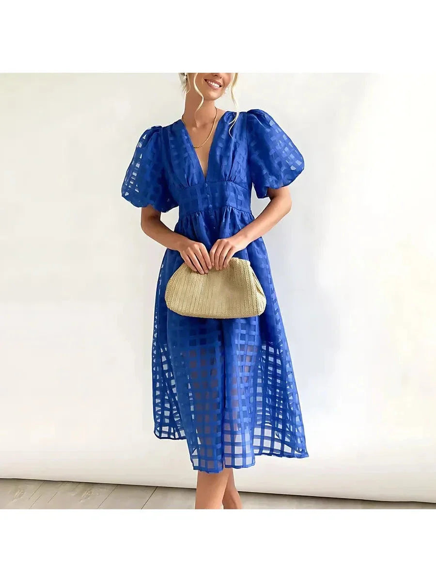 Cindy - Classic Patterned Puff Sleeve Midi Dress
