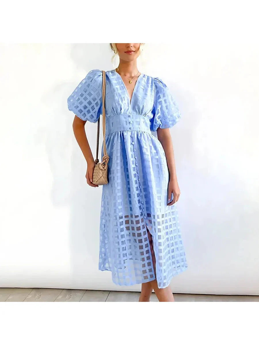 Cindy - Classic Patterned Puff Sleeve Midi Dress