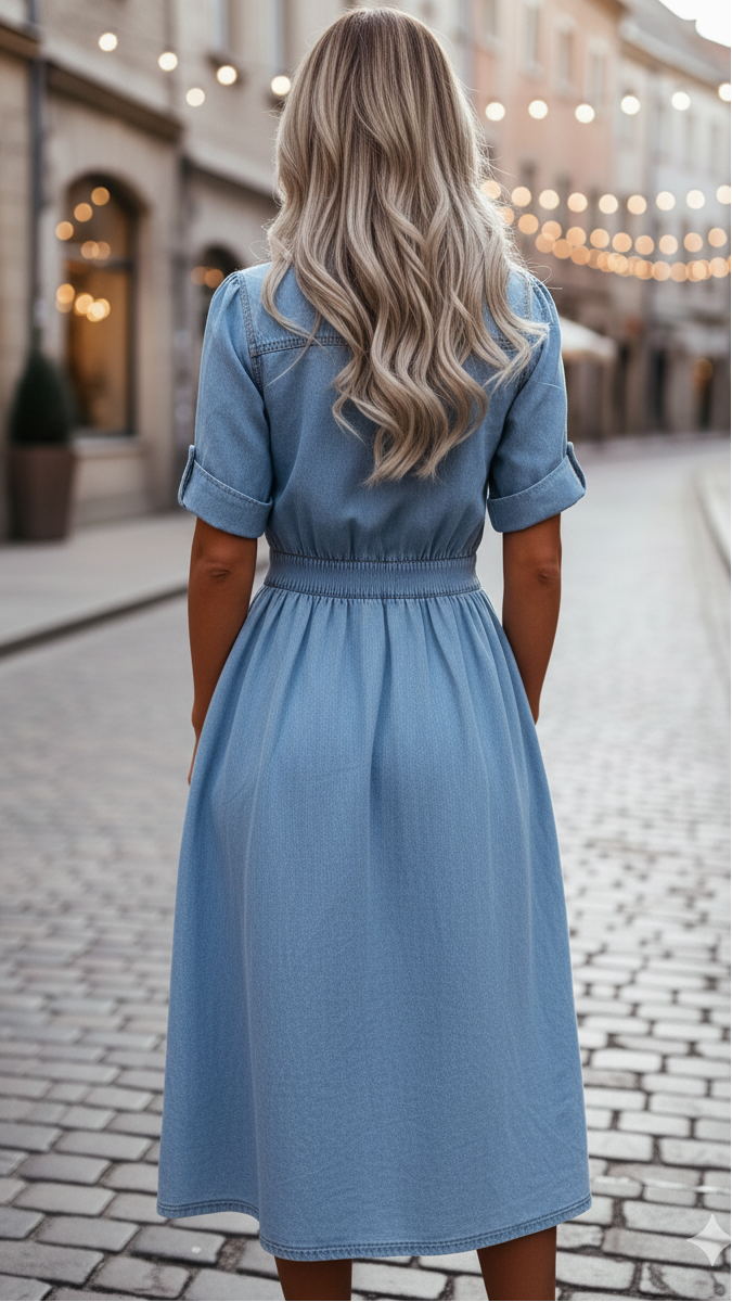 Isabelle | Belted Denim Shirt Dress - Lumina