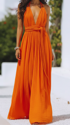Isla | V Neck Halter Pleat Maxi Dress - Lumina