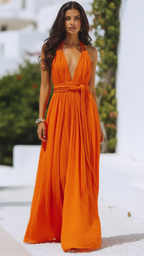 Isla | V Neck Halter Pleat Maxi Dress - Lumina