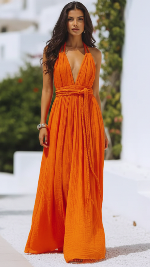 Isla | V Neck Halter Pleat Maxi Dress - Lumina