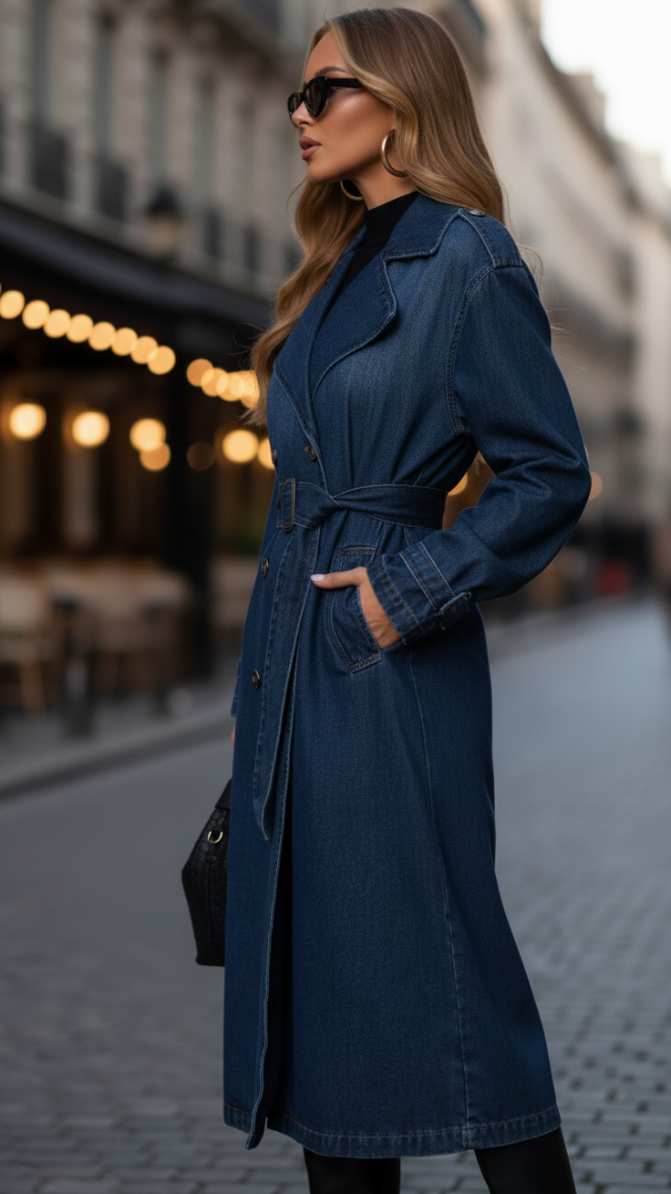 Elena | Belted Denim Trench Dress with Gold Buttons - Lumina