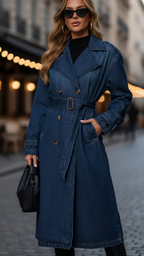 Elena | Belted Denim Trench Dress with Gold Buttons - Lumina