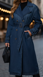 Elena | Belted Denim Trench Dress with Gold Buttons - Lumina
