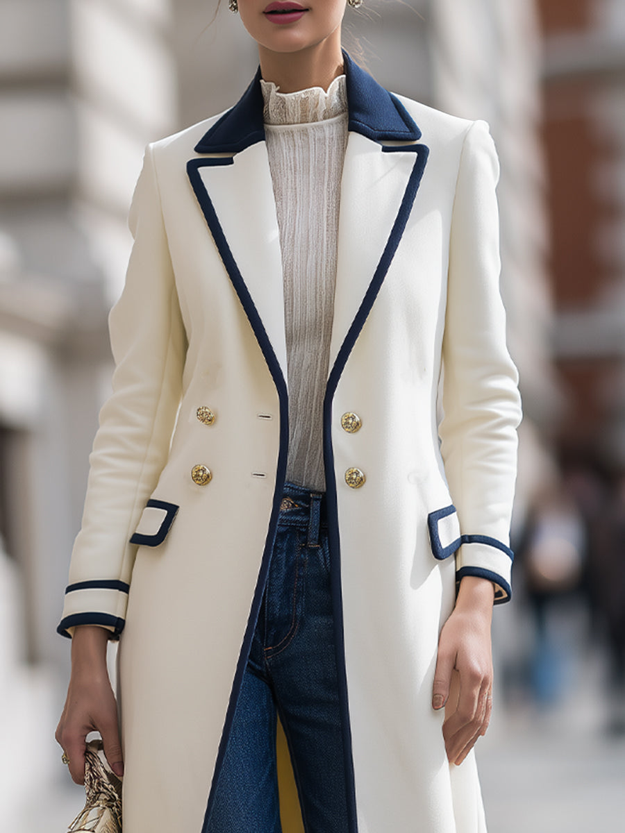 Elena | Double-Breasted Coat with Navy Contrast Trim - Lumina