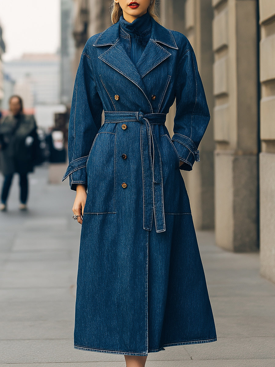 Elena | Double-Breasted Denim Trench Coat - Lumina
