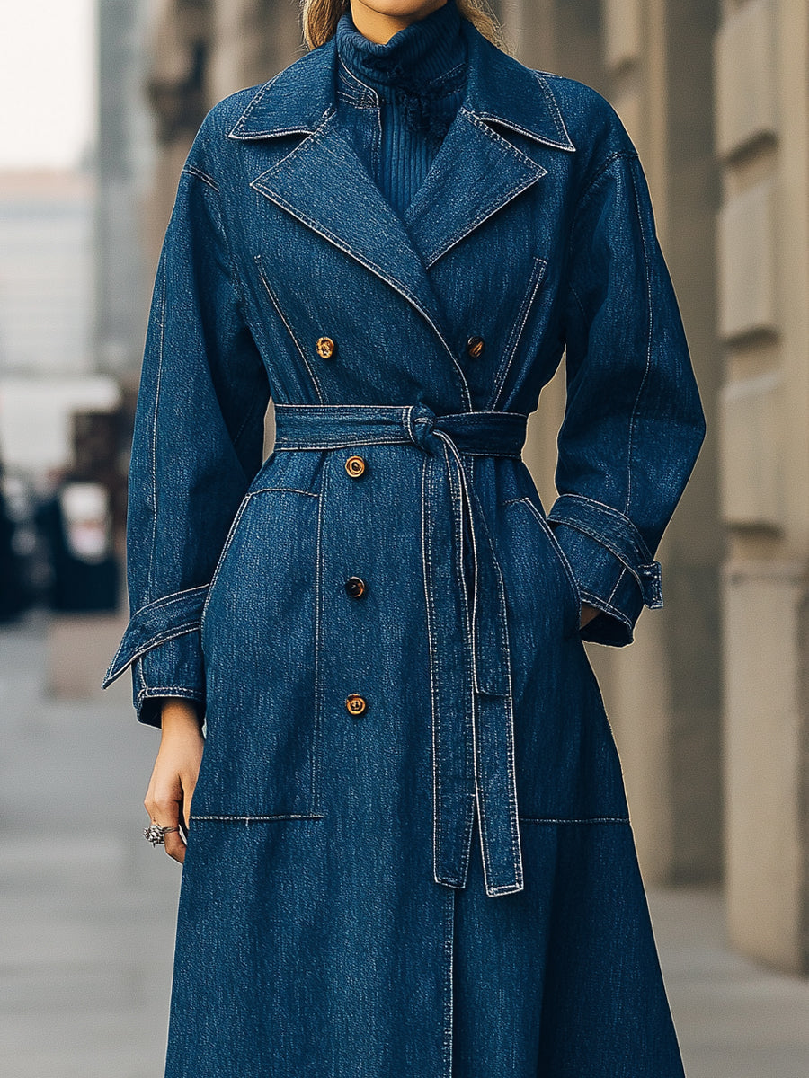 Elena | Double-Breasted Denim Trench Coat - Lumina
