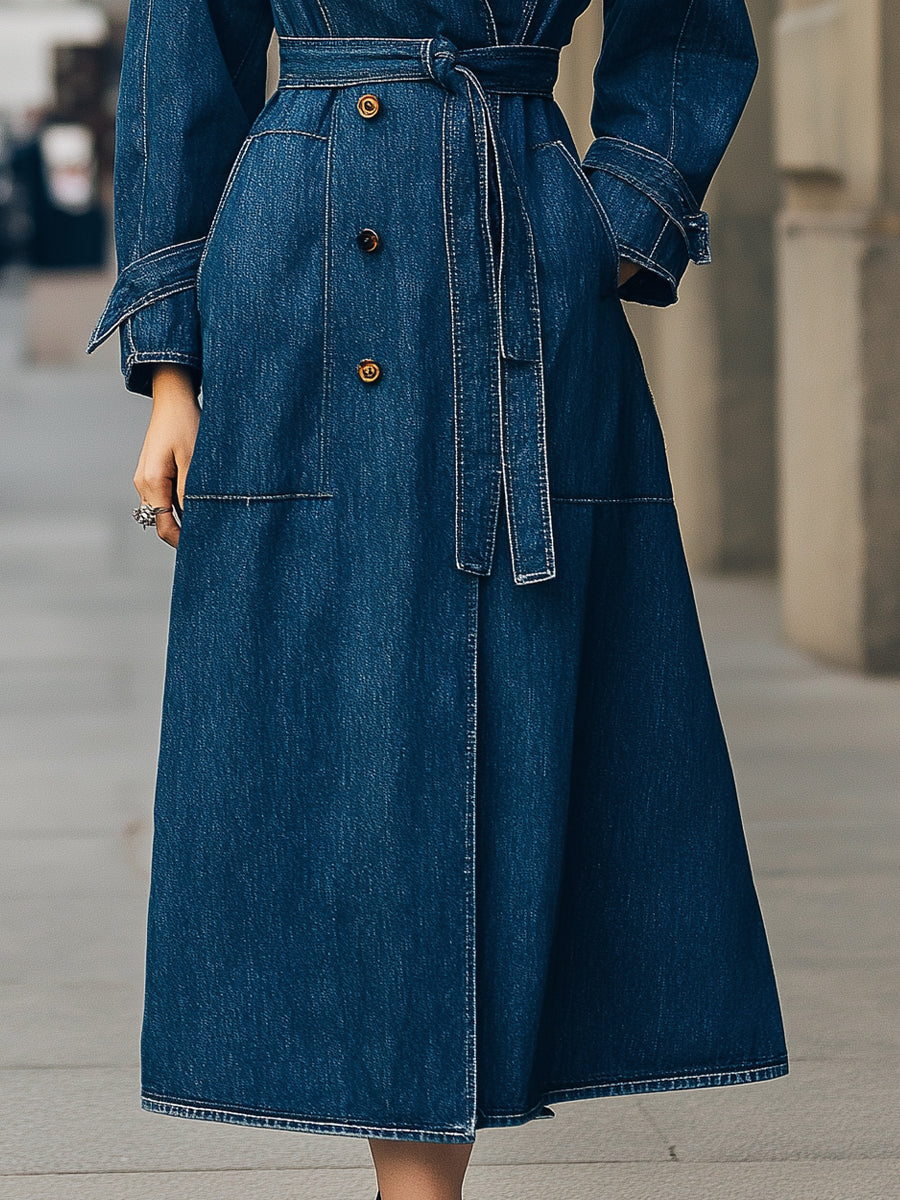 Elena | Double-Breasted Denim Trench Coat - Lumina
