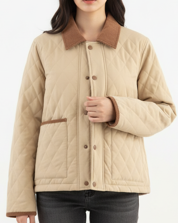 Elena | Quilted Cropped Jacket with Corduroy Collar in Beige - Lumina Vancouver
