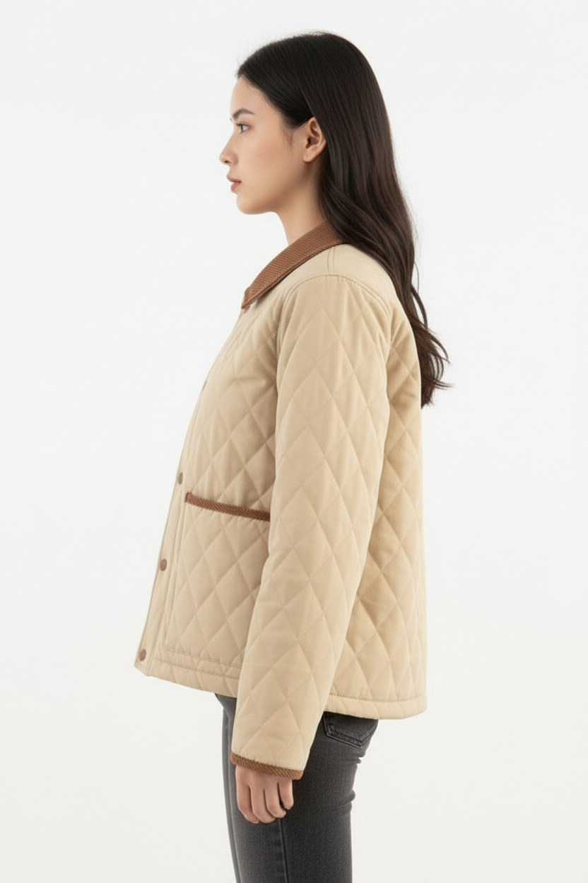 Elena | Quilted Cropped Jacket with Corduroy Collar in Beige - Lumina Vancouver
