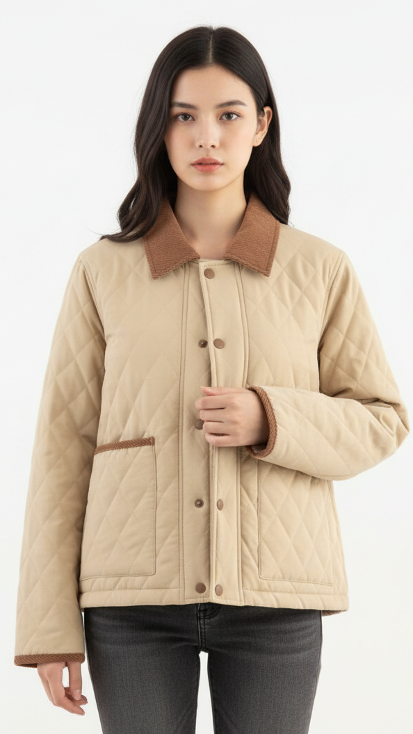Elena | Quilted Cropped Jacket with Corduroy Collar in Beige - Lumina Vancouver