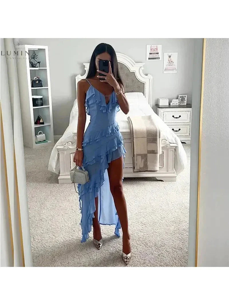 Lilah | Solid V-Neck Ruffle Slim Dress