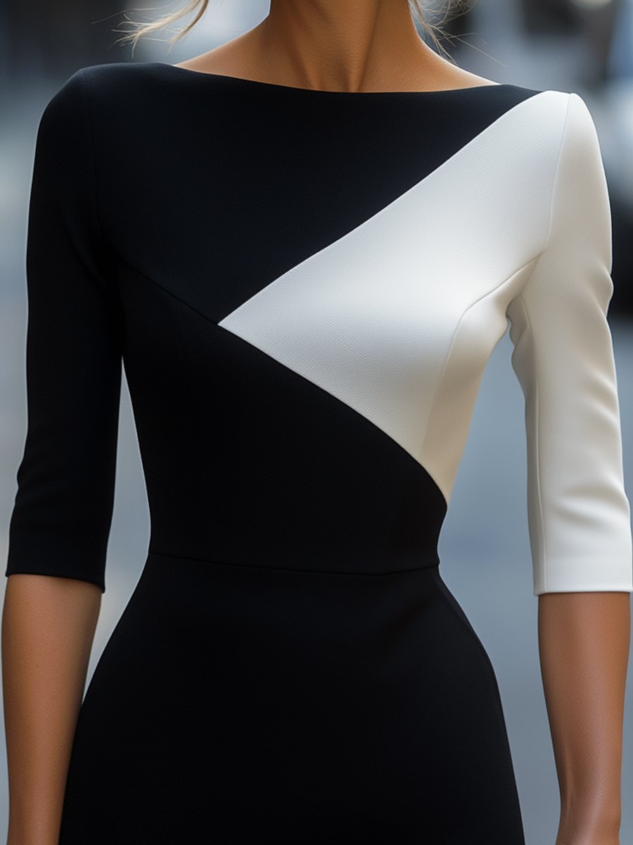 Luna | Black White Colorblock Midi Dress - Lumina