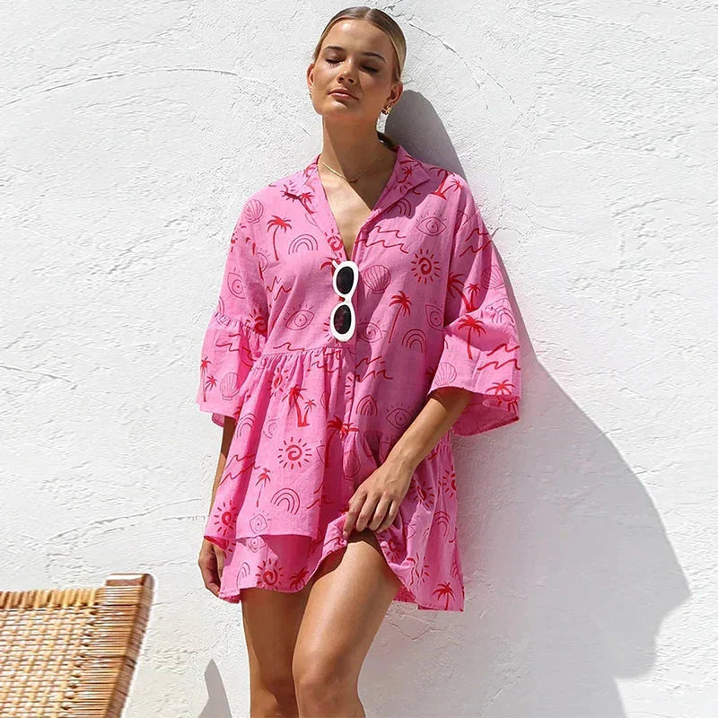 Nova | Shirt Dress Deep V-Neck Collar - Lumina