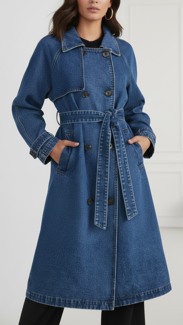 Elena | Longline Denim Trench Coat with Belt - Lumina